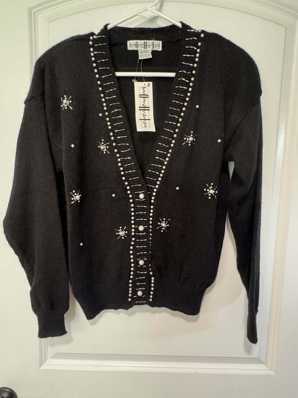 Vintage Black Pearl Beaded Cardigan Coquette Glam Statement Sweater Medium NWT